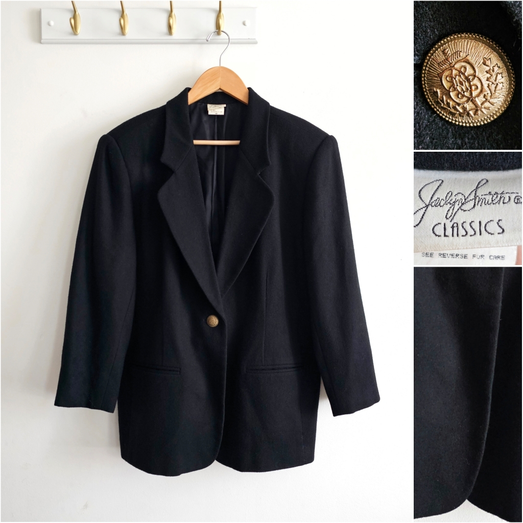 Vintage Jaclyn Smith Classic Black Wool Blazer Gold Button Size 16p Petite